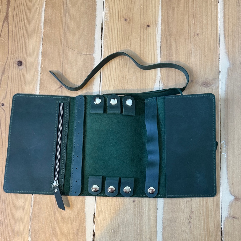 Dark Green Leather Travel Jewelry Bag With Strap
